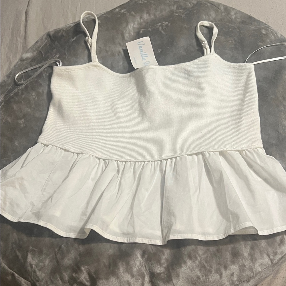 White Ruffled Peplum Tank Top